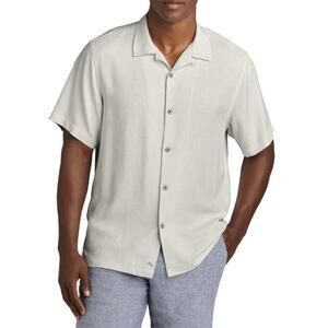Tommy Bahama 100% Silk Camp Shirt Men L Cream Tropical Floral Jacquard Button Up